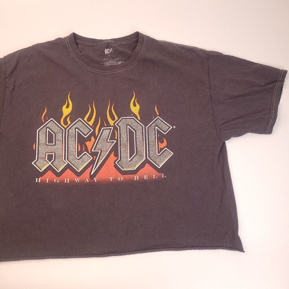 ACDC Band Shirt Womens Size Large  Highway To Hell Glitter Cropped Tee Gray
